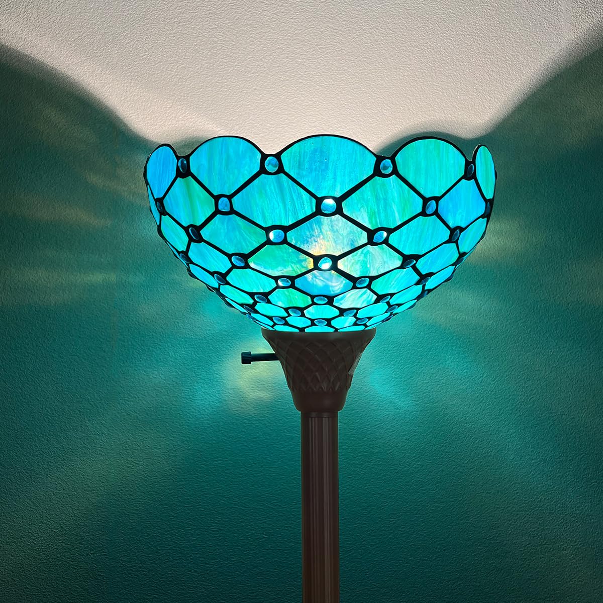 Thatyears Tiffany Torchiere Floor Lamps Seagrass Blue Beads Style Stained Glass 12X12X69 Inches Antique Pole Standing Uplight Lamps Decor Living Room Bedroom Home Office - Image 2