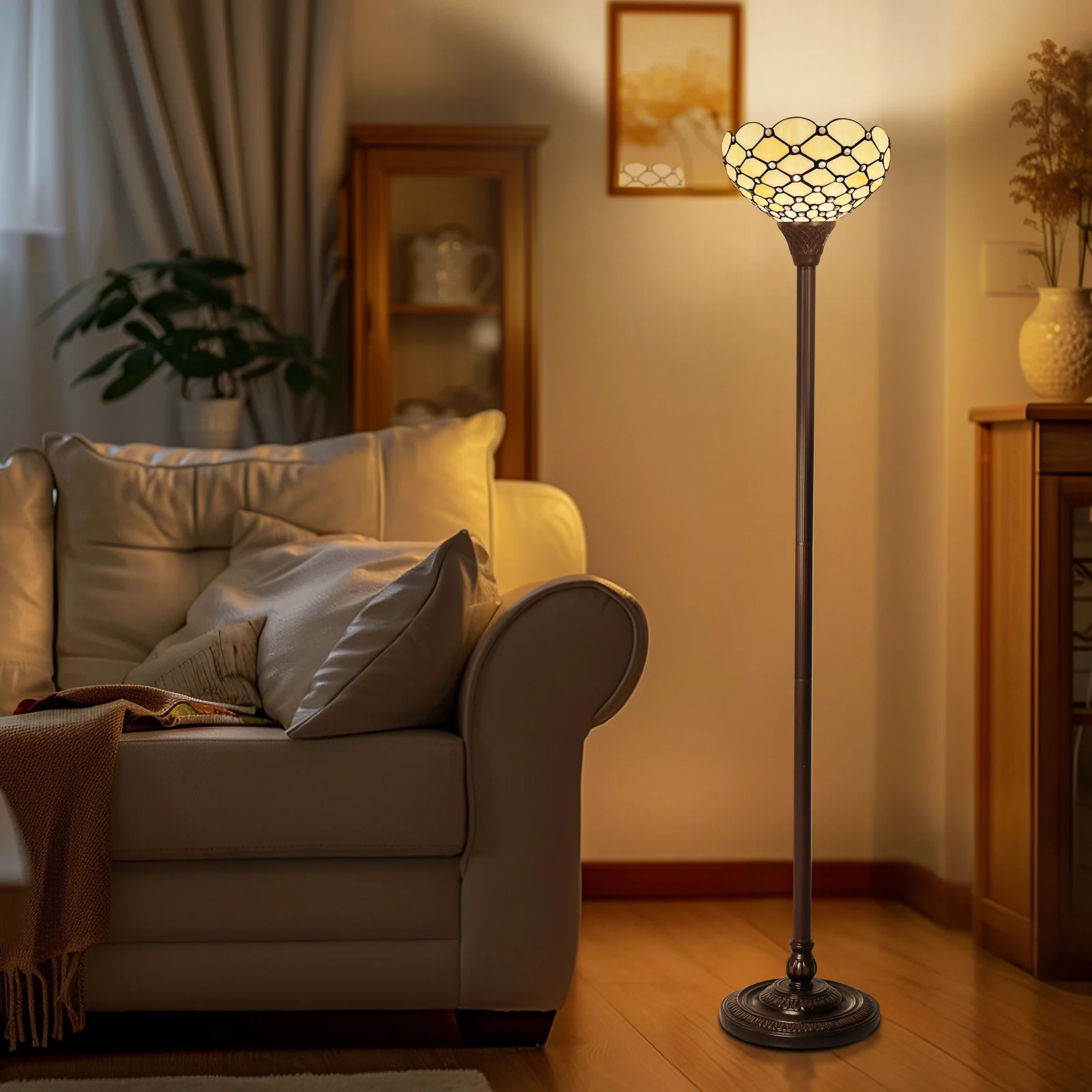 Thatyears Tiffany Torchiere Floor Lamps White Beads Style Stained Glass 12X12X69 Inches Antique Pole Standing Uplight Lamps Decor Living Room Bedroom Home Office - Image 2