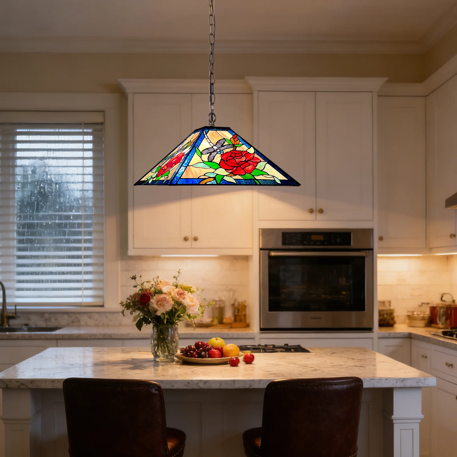 Tiffany Pendant Light — Rose & Dragonfly Stained Glass, W16" Adjustable Height - Image 3
