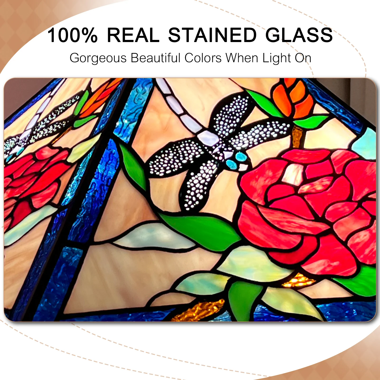 Tiffany Pendant Light — Rose & Dragonfly Stained Glass, W16" Adjustable Height - Image 4