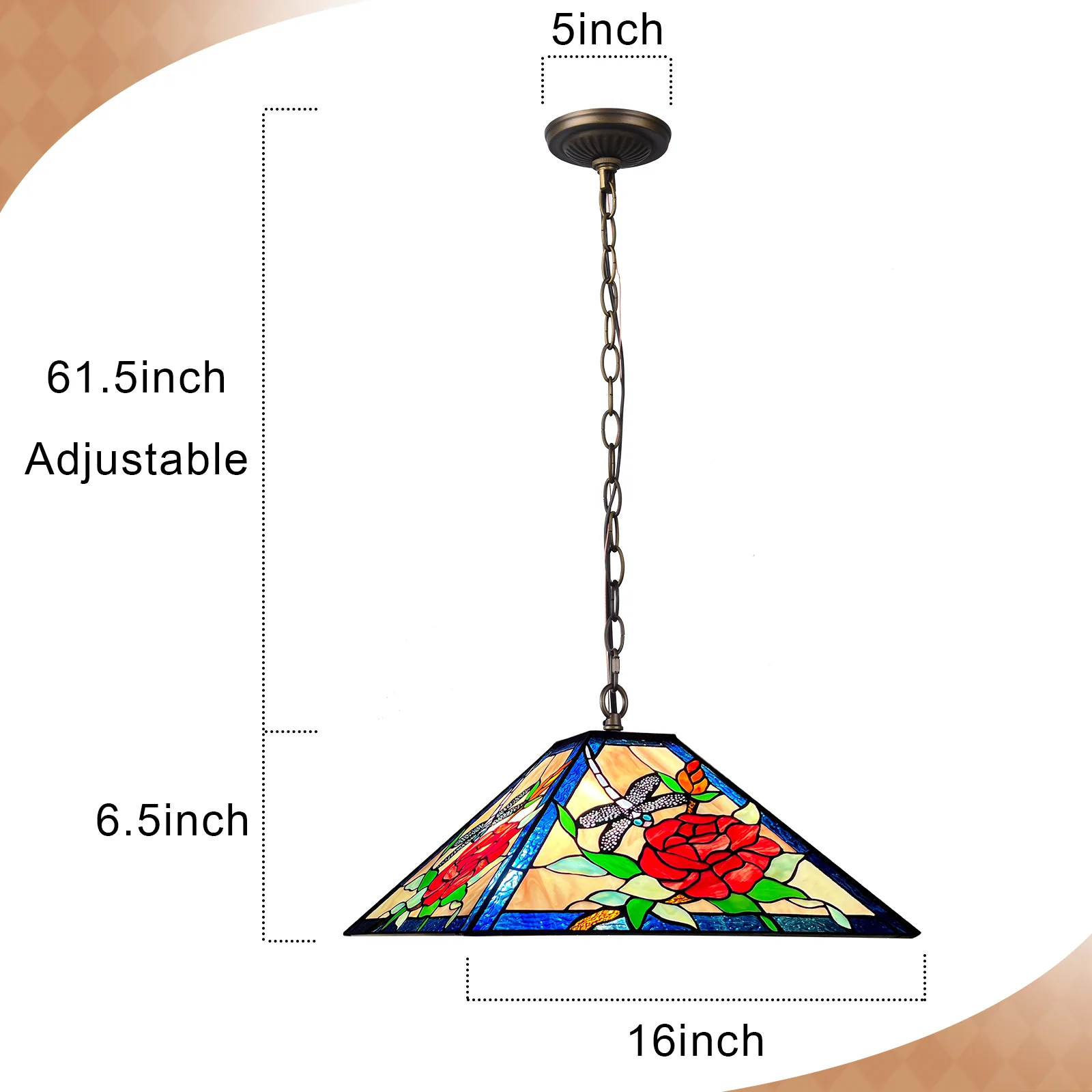 Tiffany Pendant Light — Rose & Dragonfly Stained Glass, W16" Adjustable Height - Image 5