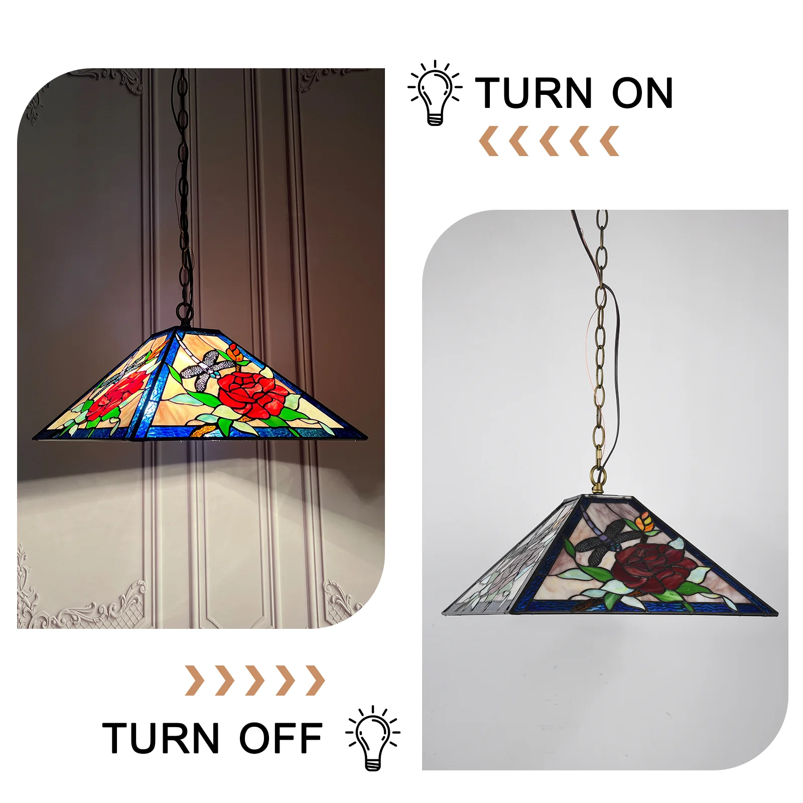 Tiffany Pendant Light — Rose & Dragonfly Stained Glass, W16" Adjustable Height - Image 6