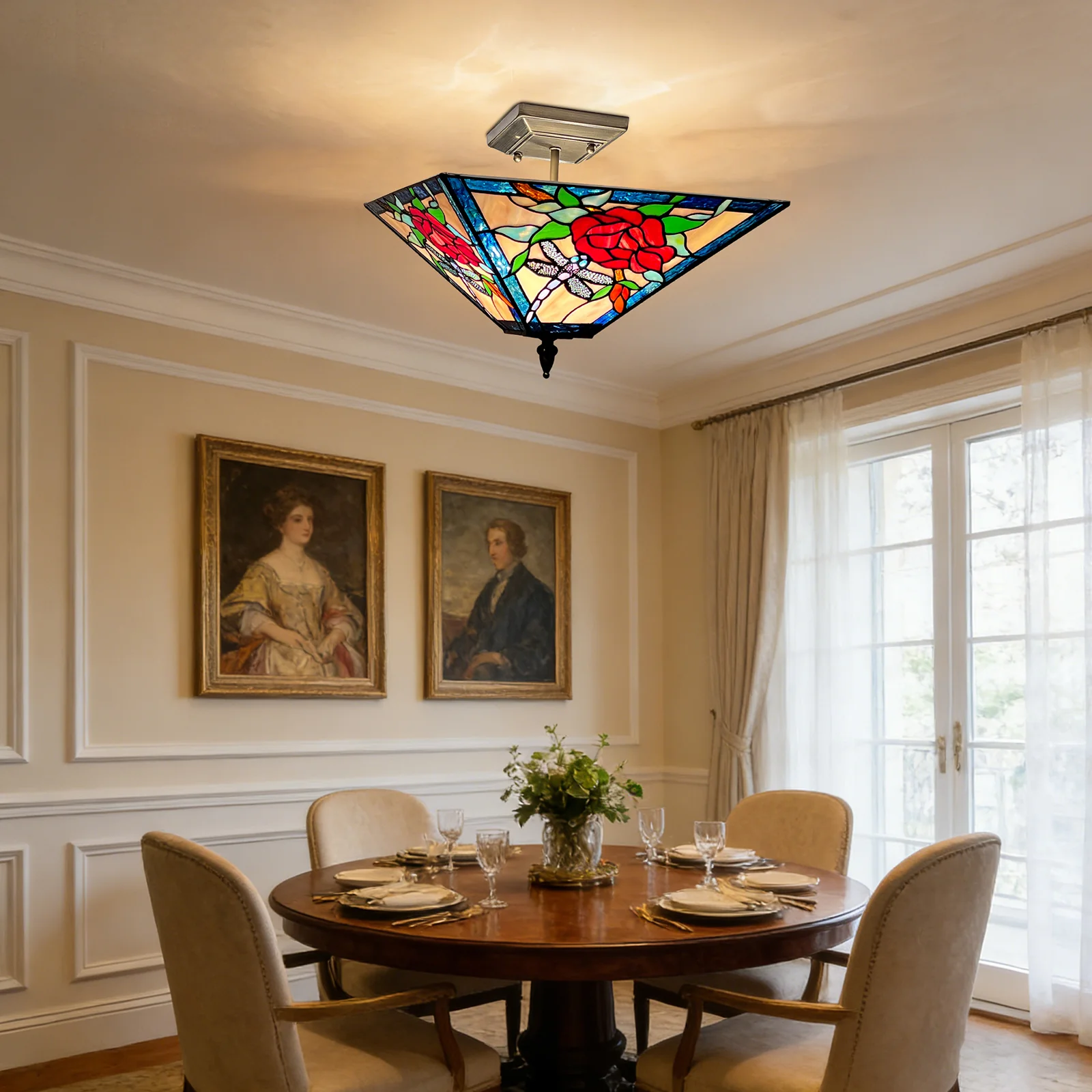 Tiffany Semi Flush Mount Ceiling Light — Rose Stained Glass, W14" × H11", 2-Light - Image 3