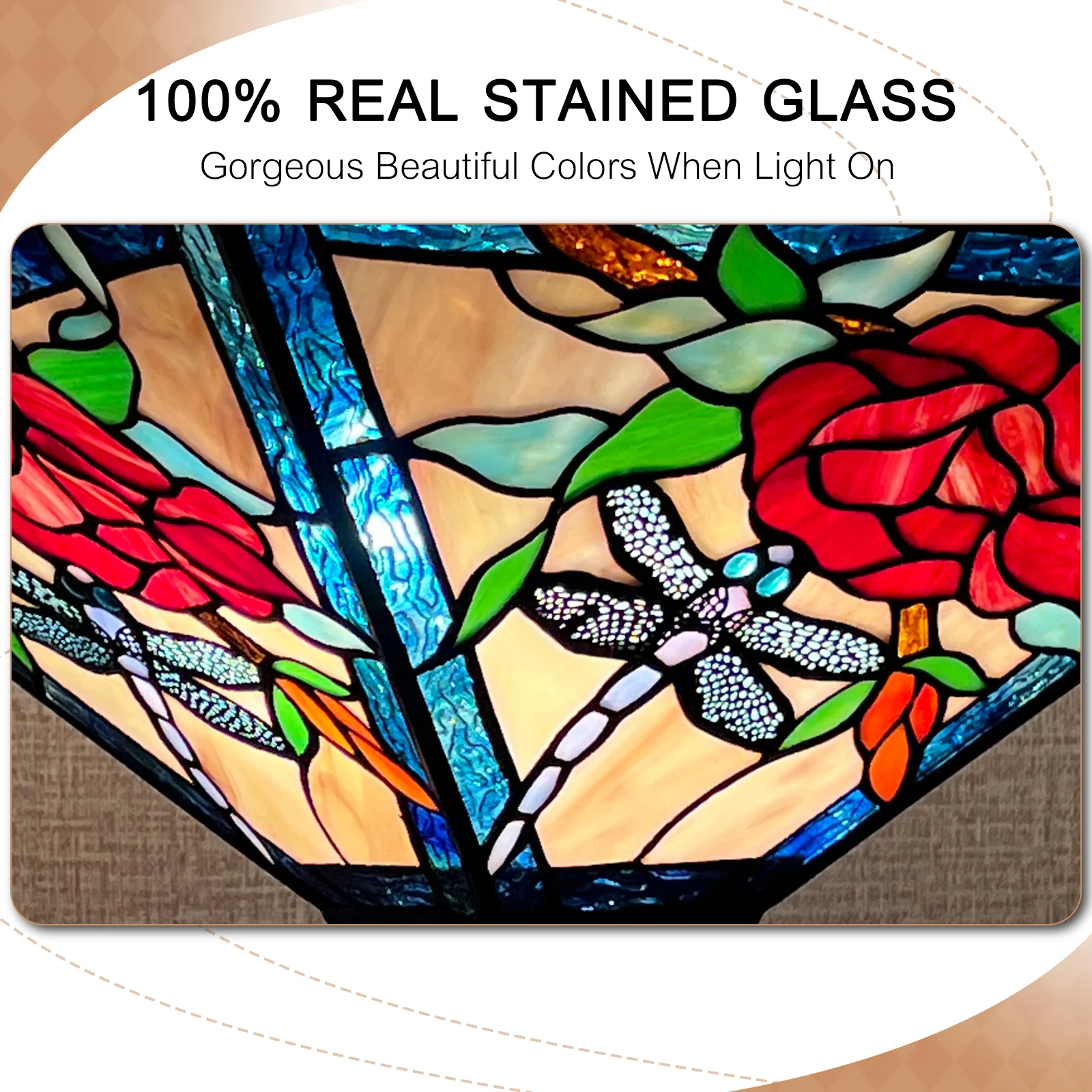 Tiffany Semi Flush Mount Ceiling Light — Rose Stained Glass, W14" × H11", 2-Light - Image 4