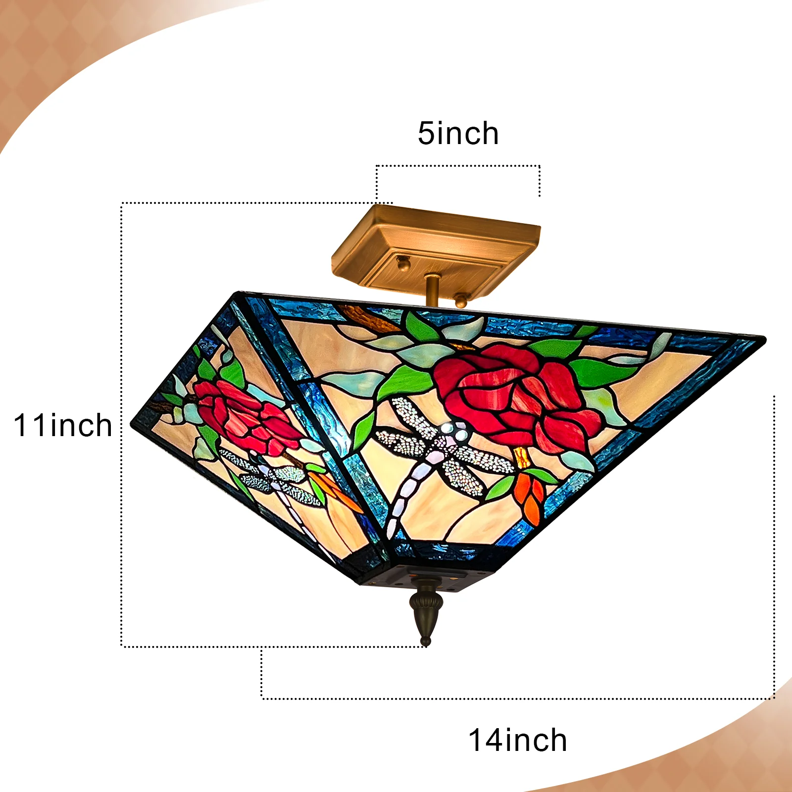 Tiffany Semi Flush Mount Ceiling Light — Rose Stained Glass, W14" × H11", 2-Light - Image 5