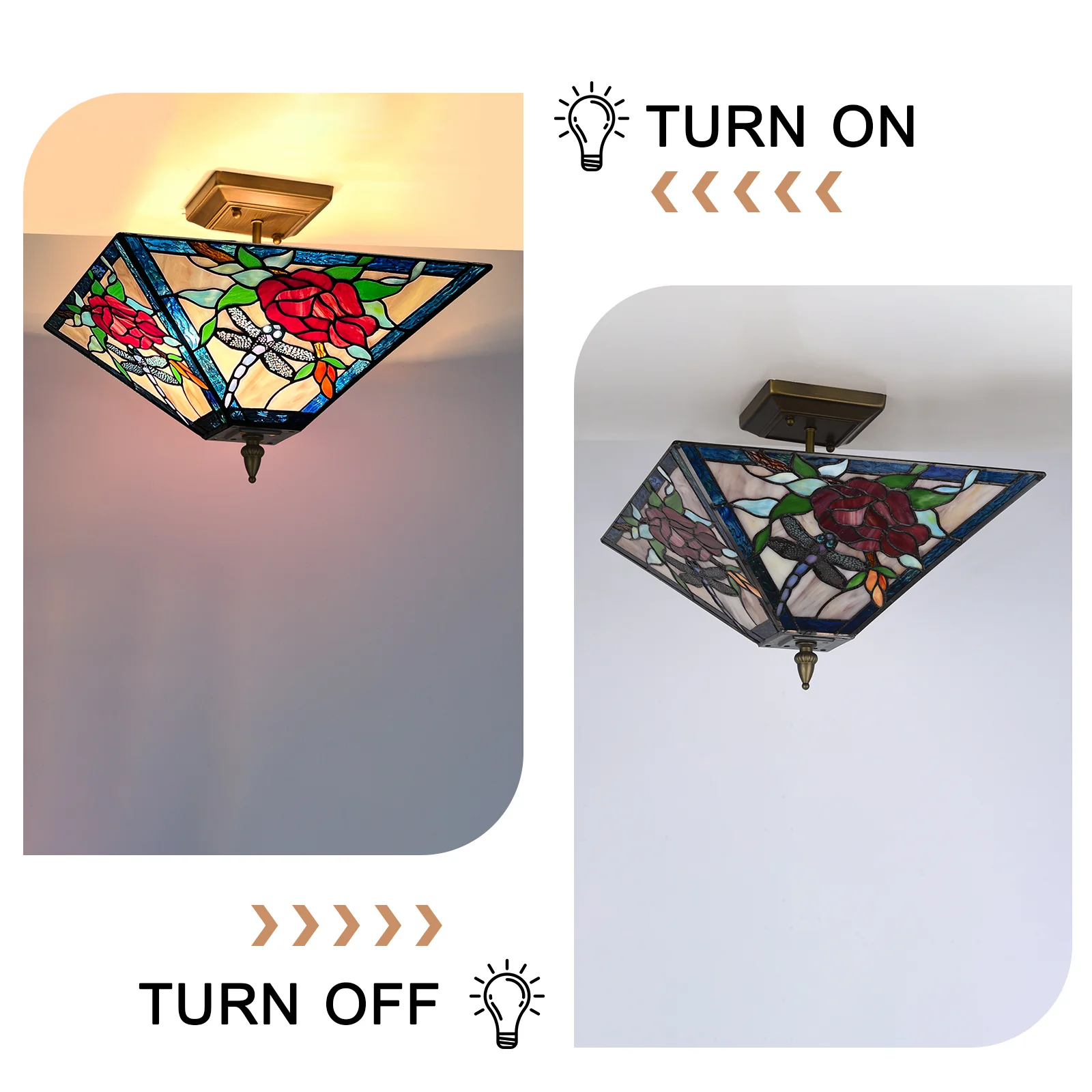 Tiffany Semi Flush Mount Ceiling Light — Rose Stained Glass, W14" × H11", 2-Light - Image 6