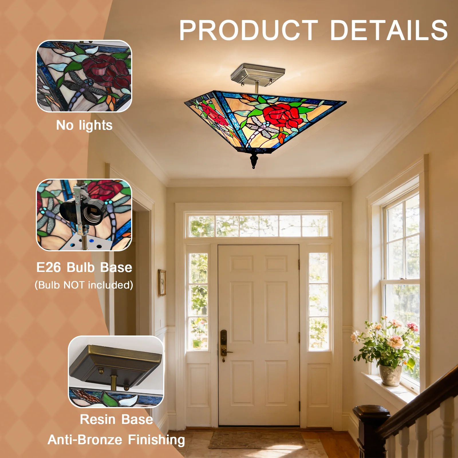Tiffany Semi Flush Mount Ceiling Light — Rose Stained Glass, W14" × H11", 2-Light - Image 7