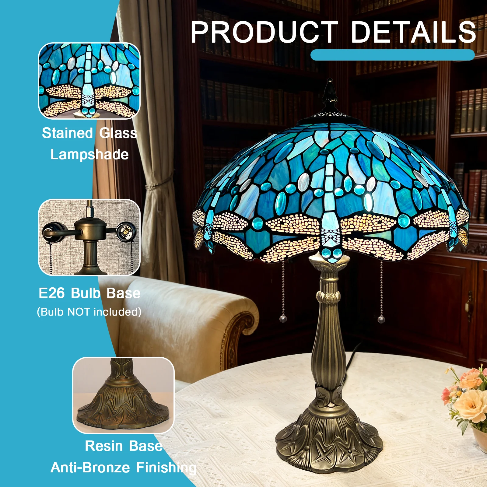 Tiffany Table Lamp[W16''xH24''], Tiffany Table Lights Antique Stained Glass Bedside Table Lamp for Bedside/Desk Reading/Living Room/Home Office/Bedroom(Dragonfly) - Image 7